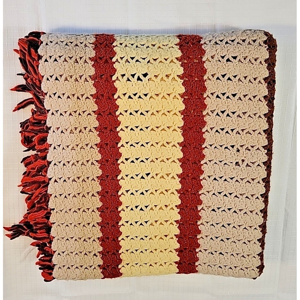 Vintage Afghan Blanket Brown Orange and Yellow Granny Crochet 80" X 72"